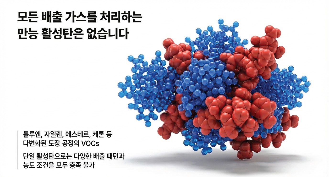 도장 공정에서 발생하는 톨루엔·자일렌·에스테르·케톤 등  다변화된 VOCs 복합 오염물질을 단일 활성탄으로 처리할 수 없음을 나타낸 분자 구조 이미지