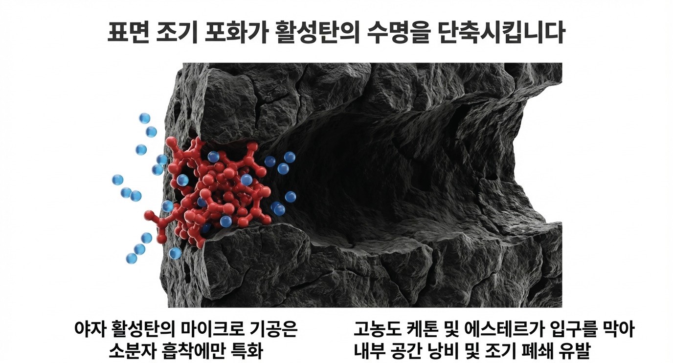 야자각 활성탄의 마이크로 기공 입구에서 고농도 케톤·에스테르 분자가  기공을 조기 폐쇄시켜 활성탄 수명을 단축시키는 메커니즘 단면 다이어그램