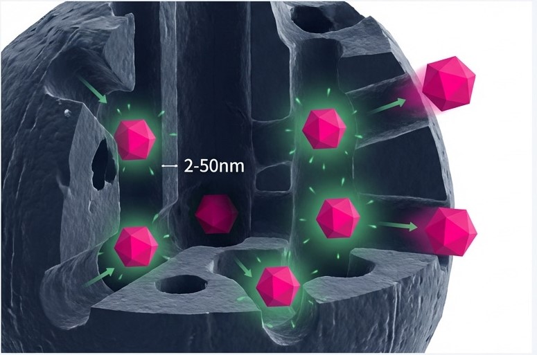 대나무 활성탄 내부 메조 기공(2~50nm) 구조 단면 – 거대 염료 분자가  기공 내부로 원활히 확산·흡착되는 과정을 나타낸 산업용 탈색용 활성탄 비교 이미지