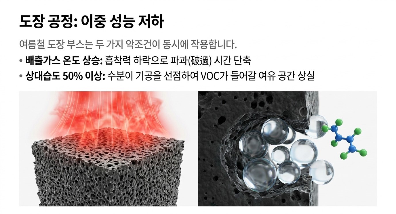 여름철 도장공정 활성탄 문제, 활성탄 흡착 파과