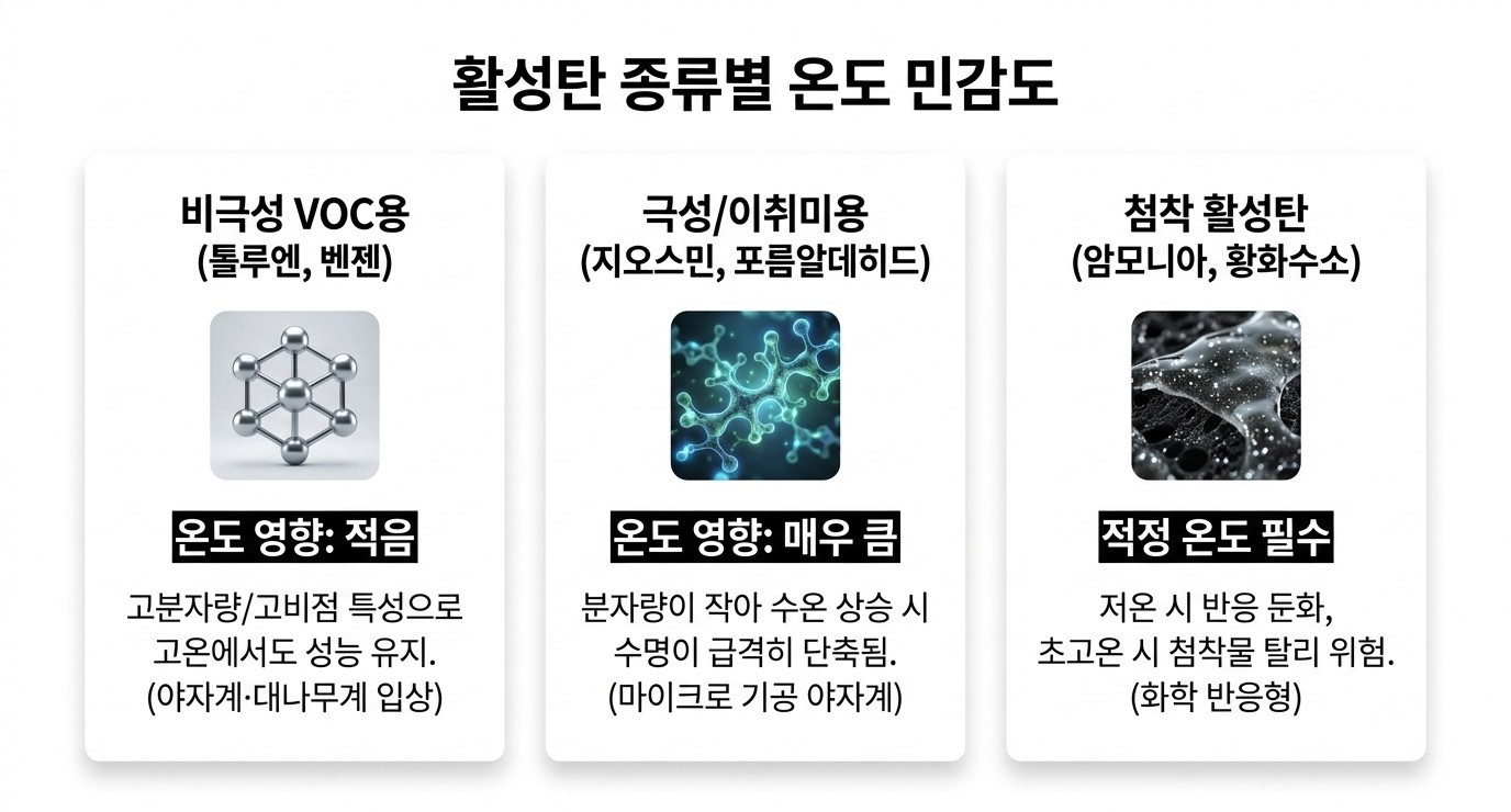 활성탄과 온도에 따른 흡착물질, 활성탄 종류별 온도 민감도