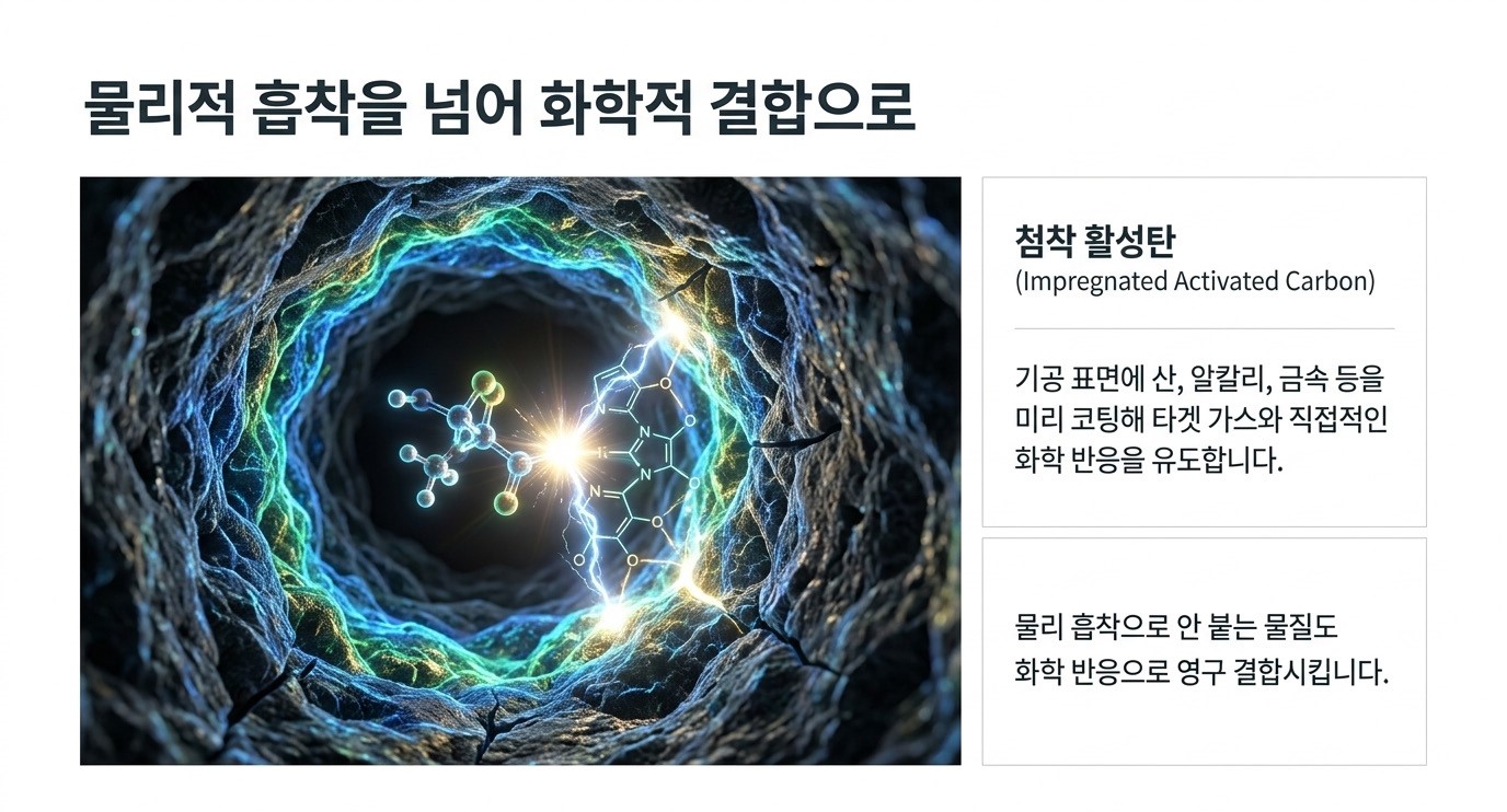 첨착 활성탄(Impregnated Activated Carbon) 기공 표면에 산·알칼리· 금속을 코팅해 물리적 흡착으로 제거 불가한 유해 가스와 화학 반응으로 영구 결합시키는 메커니즘 이미지