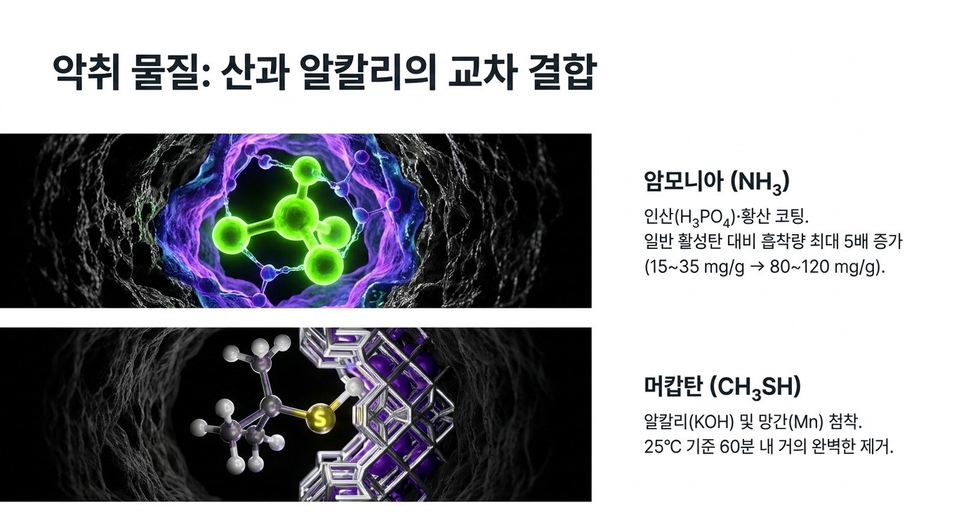 악취 물질 제거용 첨착 활성탄 성능 비교 – 암모니아(NH₃) 인산·황산 첨착으로 흡착량 최대 5배 증가(15~35→80~120 mg/g), 머캅탄(CH₃SH) 알칼리·망간 첨착으로 60분 내 완전 제거