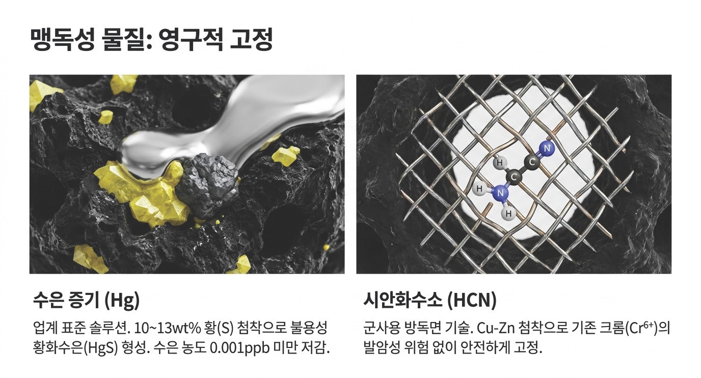 맹독성 가스 첨착 활성탄 영구 고정 – 수은(Hg) 황(S) 첨착으로 불용성 황화수은 형성해 0.001ppb 미만 저감, 시안화수소(HCN) Cu-Zn 첨착으로 발암성 크롬 없이 안전하게 고정