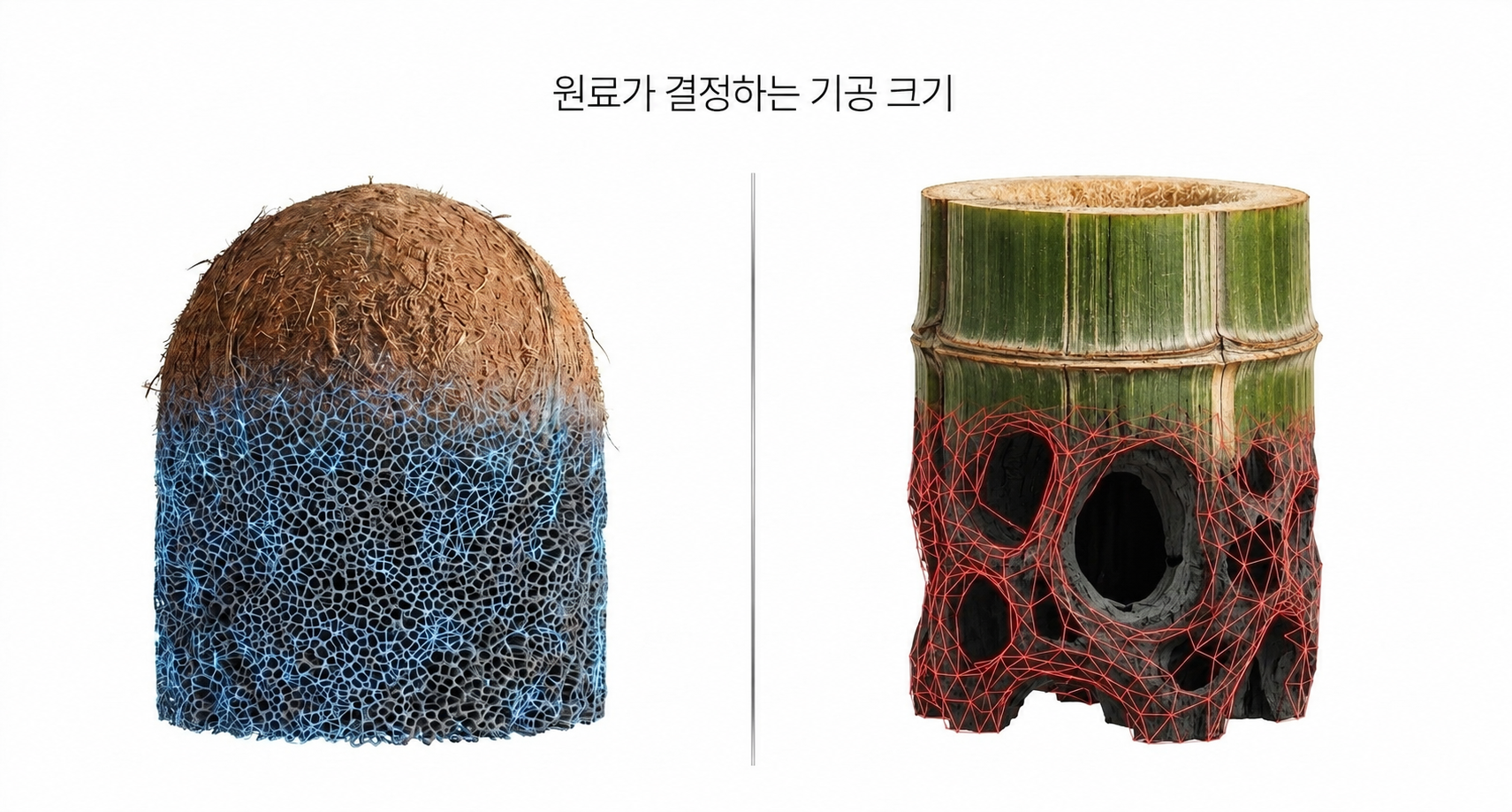 야자와 대나무 원료 차이에 따른 활성탄의 기공차이
