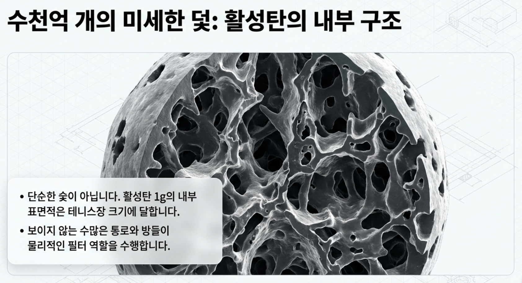 활성탄 1g의 광활한 내부 표면적과 수많은 통로 및 방 구조를 보여주는 고해상도 단면 이미지. 물리적 필터링 역할을 수행하는 다공성 탄소 소재의 특징 기술 | 태강 활성탄 기술 