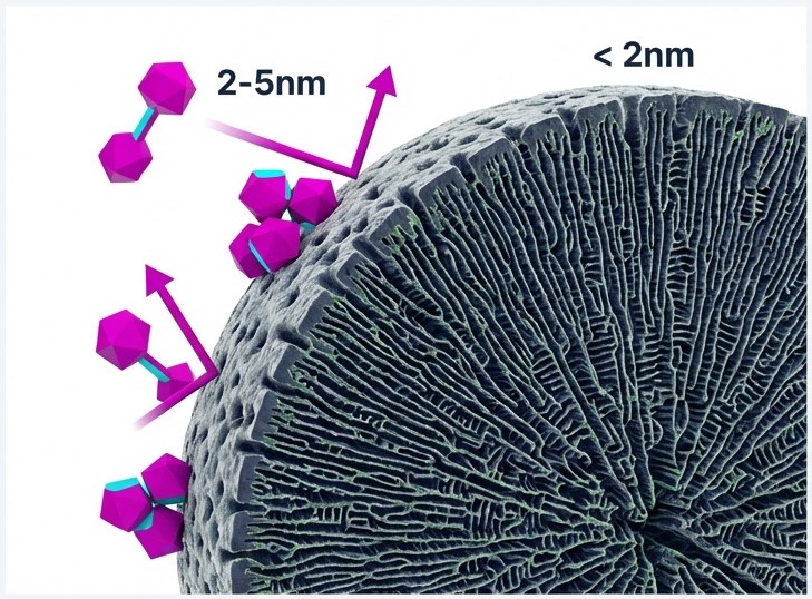 야자각 활성탄 단면 전자현미경 이미지 – 마이크로 기공 구조로 인해  2~5nm 크기의 대형 염료 분자가 기공 입구에서 차단되는 분자체 효과(Molecular Sieve Effect) 설명