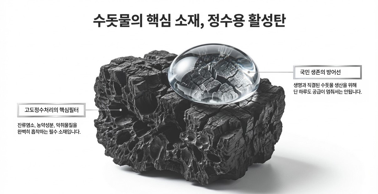 수돗물 생산을 위한 정수용 활성탄 – 잔류염소·농약 성분·악취 물질 흡착 제거하는 고도정수처리 핵심 필터 소재, 단 하루도 공급 중단 불가한 국민 생존 인프라 자재