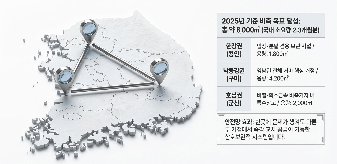 정수용 활성탄 전국 3개 거점 삼각 비축망 – 한강권(용인) 1,800㎥·낙동강권(구미) 4,200㎥·호남권(군산) 2,000㎥, 총 8,000㎥(국내 소요량 2.3개월분) 상호보완 공급 체계 지도
