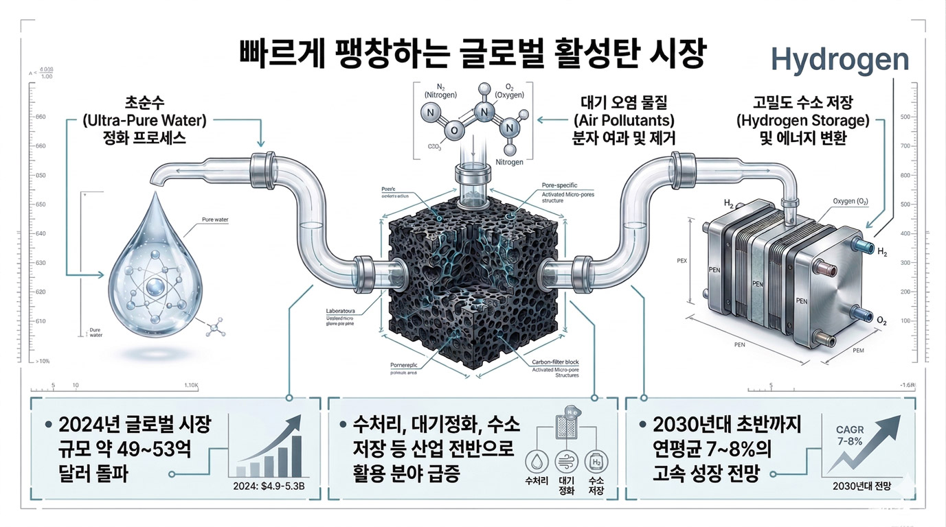 2024년 글로벌 활성탄 시장 49~53억 달러 – 수처리에서  초순수(UPW)·대기오염물질 제거·수소 저장까지 확장되며  2030년대까지 연평균 7~8% 성장 전망