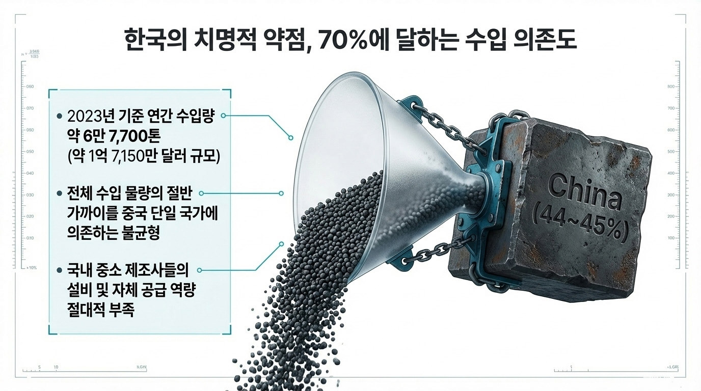 국내 활성탄 수입 의존도 70%, 그 중 44~45%가 중국 단일 국가에 집중 –  2023년 연간 수입량 6만 7,700톤(약 1억 7,150만 달러) 규모에서  드러나는 공급망 불균형과 국내 자체 생산 역량 부족 실태