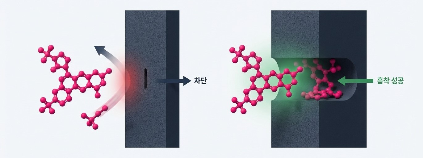 산업용 염료 분자가 기공 크기 불일치로 흡착 차단되는 경우(좌)와  적정 기공 크기의 활성탄에 흡착 성공하는 경우(우) 비교 다이어그램