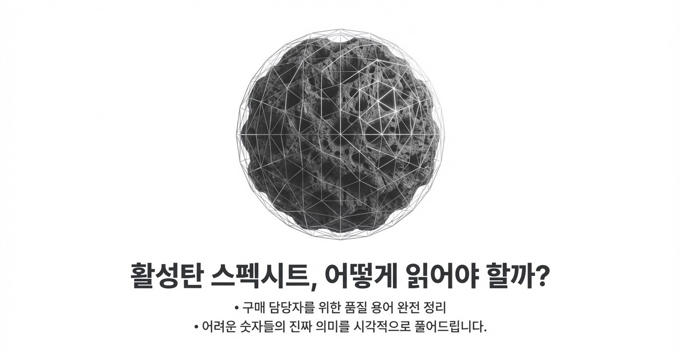 구매 담당자를 위한 활성탄 품질 평가 용어 완전 정리 – 활성탄 스펙시트의 숫자와 지표를 올바르게 해석하는 방법 안내 인포그래픽 표지