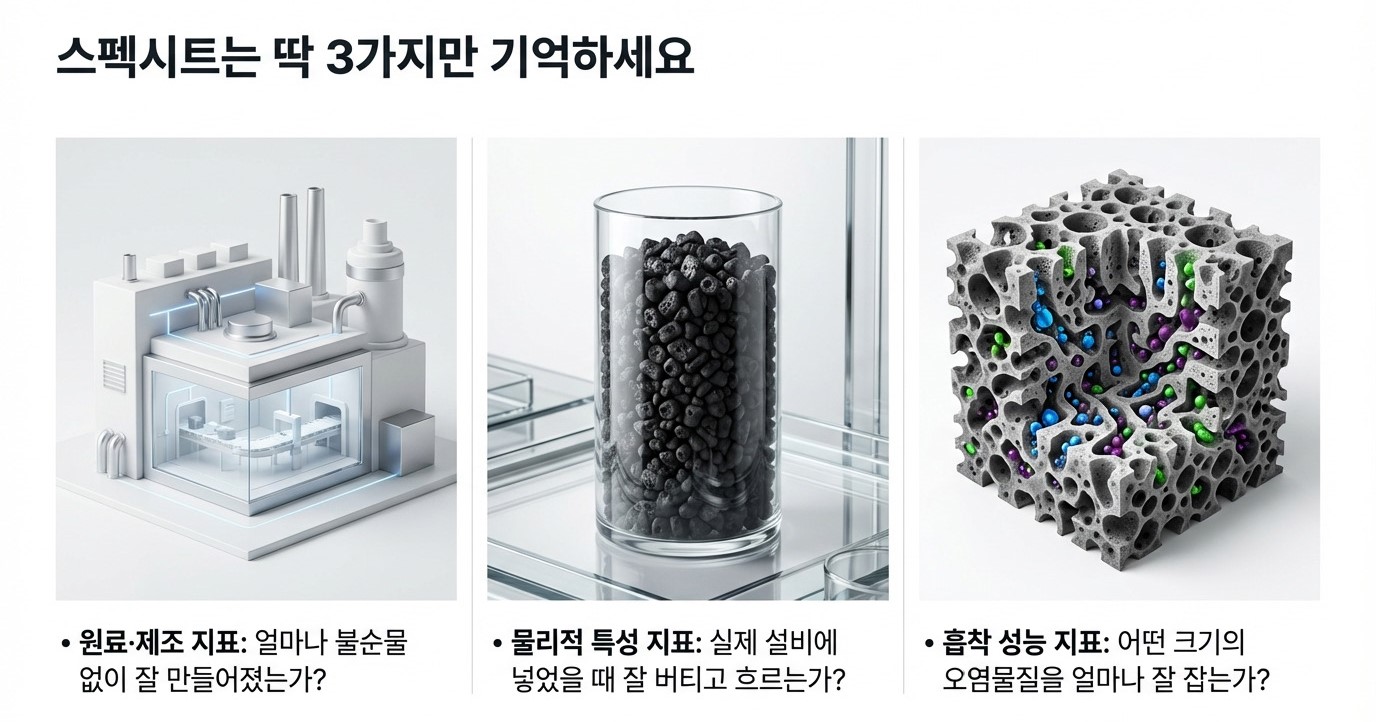 활성탄 품질 평가 3대 지표 분류 – 원료·제조 지표(불순물), 물리적 특성 지표(충전밀도·경도), 흡착 성능 지표(요오드가·MB가·벤젠가) 비교 이미지