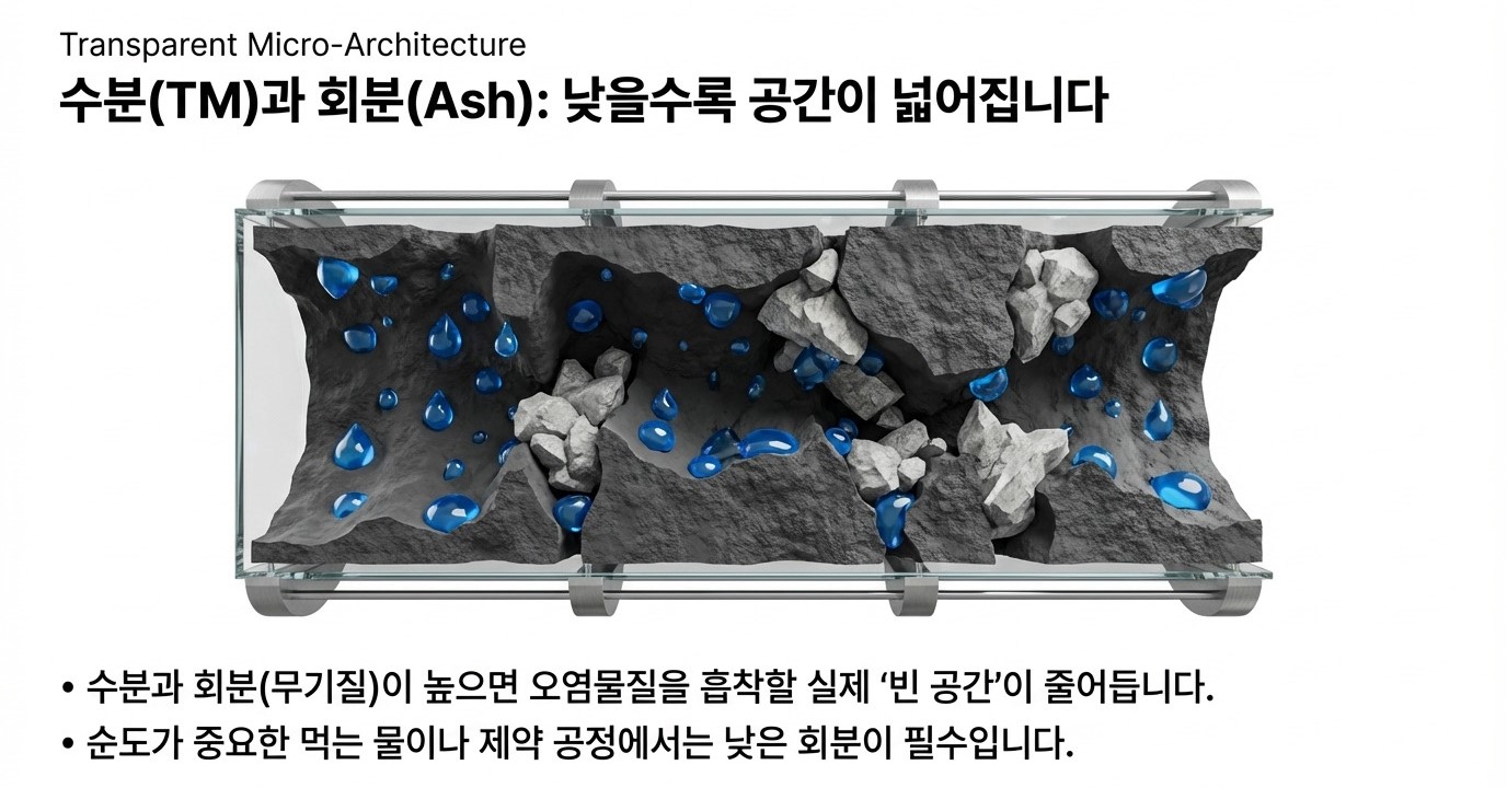 활성탄 내 수분(TM)과 회분(Ash) 함량이 높을수록 실제 흡착 가능 공간이 줄어드는 메커니즘 – 정수·식품·제약 공정용 고순도 활성탄 선택 기준 설명 이미지