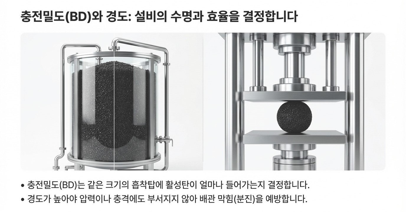 활성탄 충전밀도(BD)와 경도 측정 이미지 – 흡착탑 충전량과 압력·충격에 의한 분진 발생 방지 기준, 대기오염 방지 설비 및 도장 공정용 활성탄 선택 지표