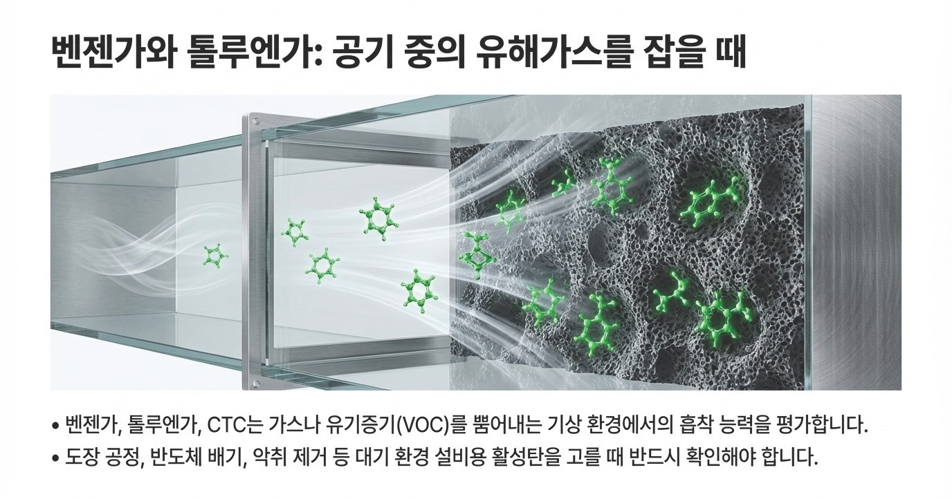 활성탄 벤젠가·톨루엔가·CTC 지표를 활용한 VOC 가스 흡착 성능 평가 – 도장 공정·반도체 배기·악취 제거 등 대기오염 방지 설비용 활성탄 선택 기준 이미지