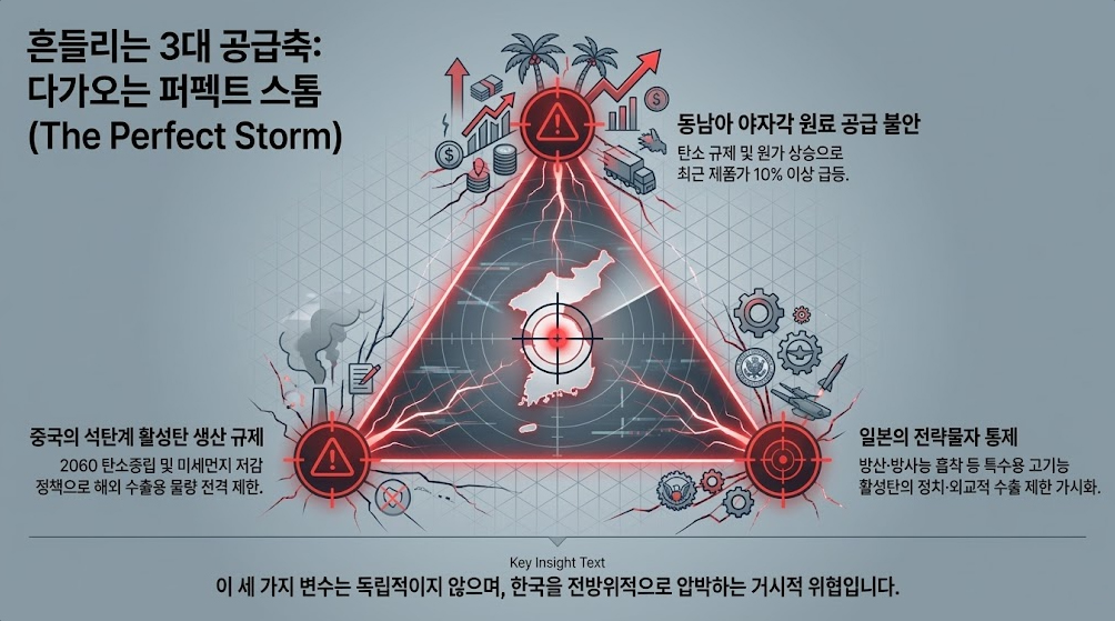 국내 활성탄 공급망 3대 동시 위기 – 중국 석탄계 수출 제한,  동남아 야자각 원가 10% 이상 급등, 일본 고기능 활성탄  전략물자 통제가 맞물린 퍼펙트 스톰