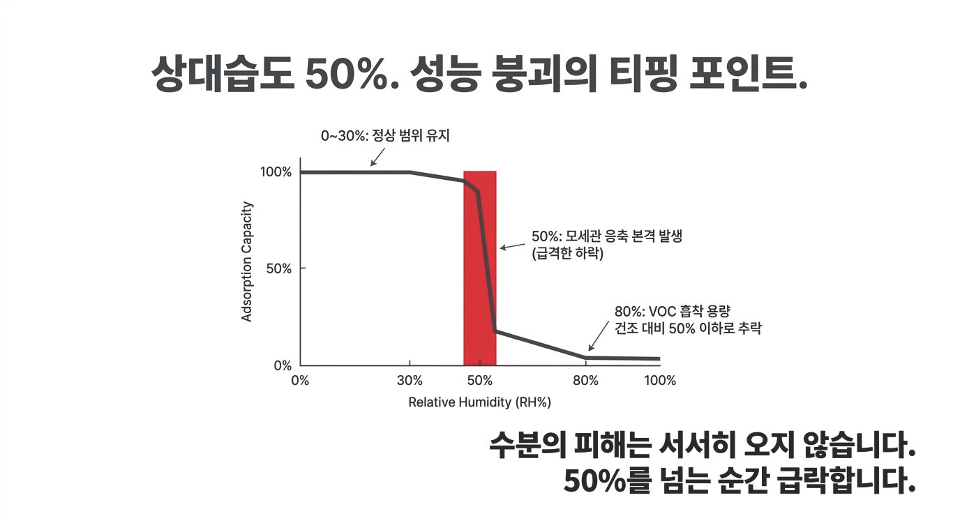 활성탄에서 상대습도 50%를 넘으면 흡착용량이 급격히 하락한다