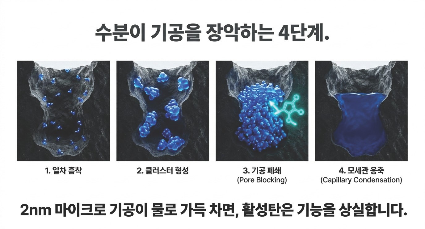 활성탄에서 수분이 기공을 폐쇄하는 원리
