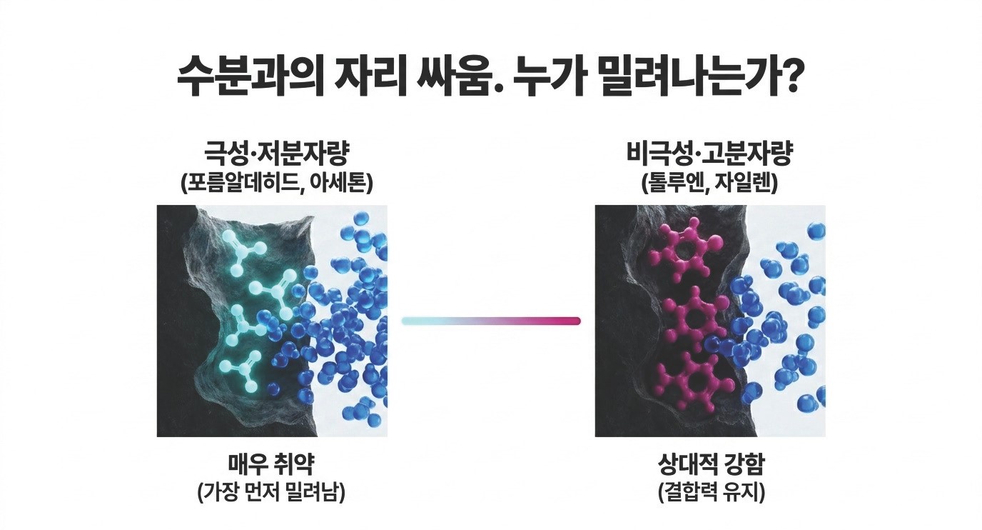 활성탄 내부 기공에서 수분에 강한 물질과 약한 물질, 극성과 비극성