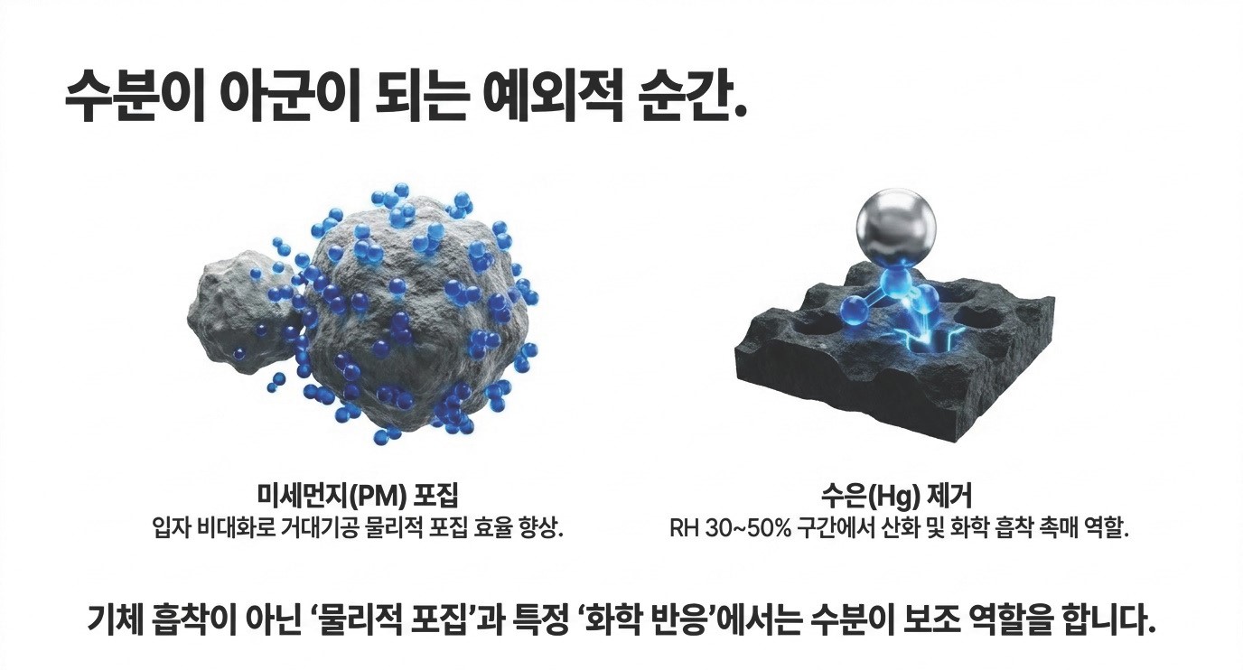 활성탄의 수분이 오히려 흡착에 도움을 주는 경우