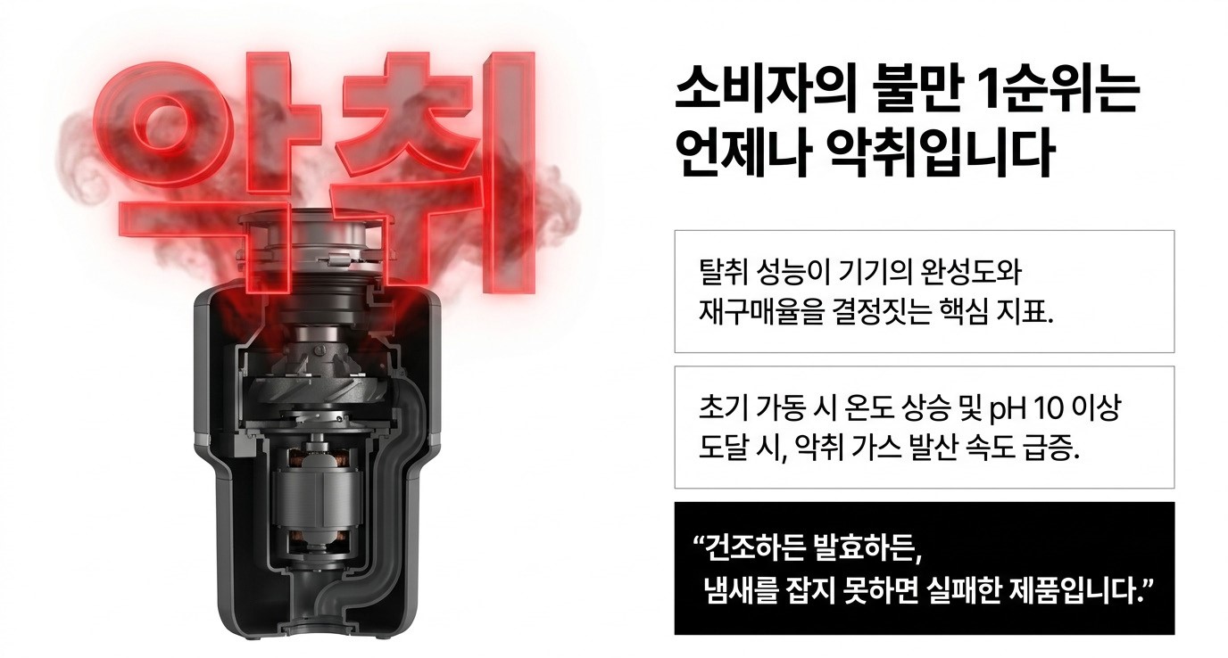 음식물 처리기 소비자 불만 1위 악취 발생 메커니즘 - 초기 가동 시 온도 상승과 pH 10 이상 도달이 암모니아·황화수소 발산 속도를 급증시켜 탈취 필터 성능이 재구매율을 결정