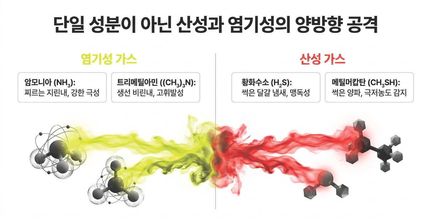 음식물 처리기 복합 악취 구성 - 염기성 가스(암모니아 NH₃·트리메틸아민)와 산성 가스(황화수소 H₂S·메틸머캅탄 CH₃SH)가 동시 발생해 단일 성분 대응 활성탄으로는 완전 제거 불가