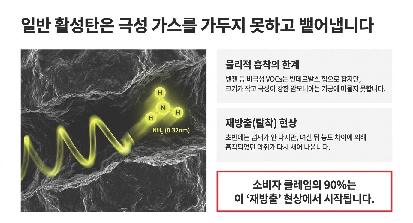 일반 활성탄이 암모니아(NH₃, 0.32nm) 등 극성 악취 가스를 흡착하지 못하고 재방출(탈착)하는 물리적 흡착 한계 - 음식물 처리기 소비자 클레임 90%가 이 재방출 현상에서 시작되는 이유