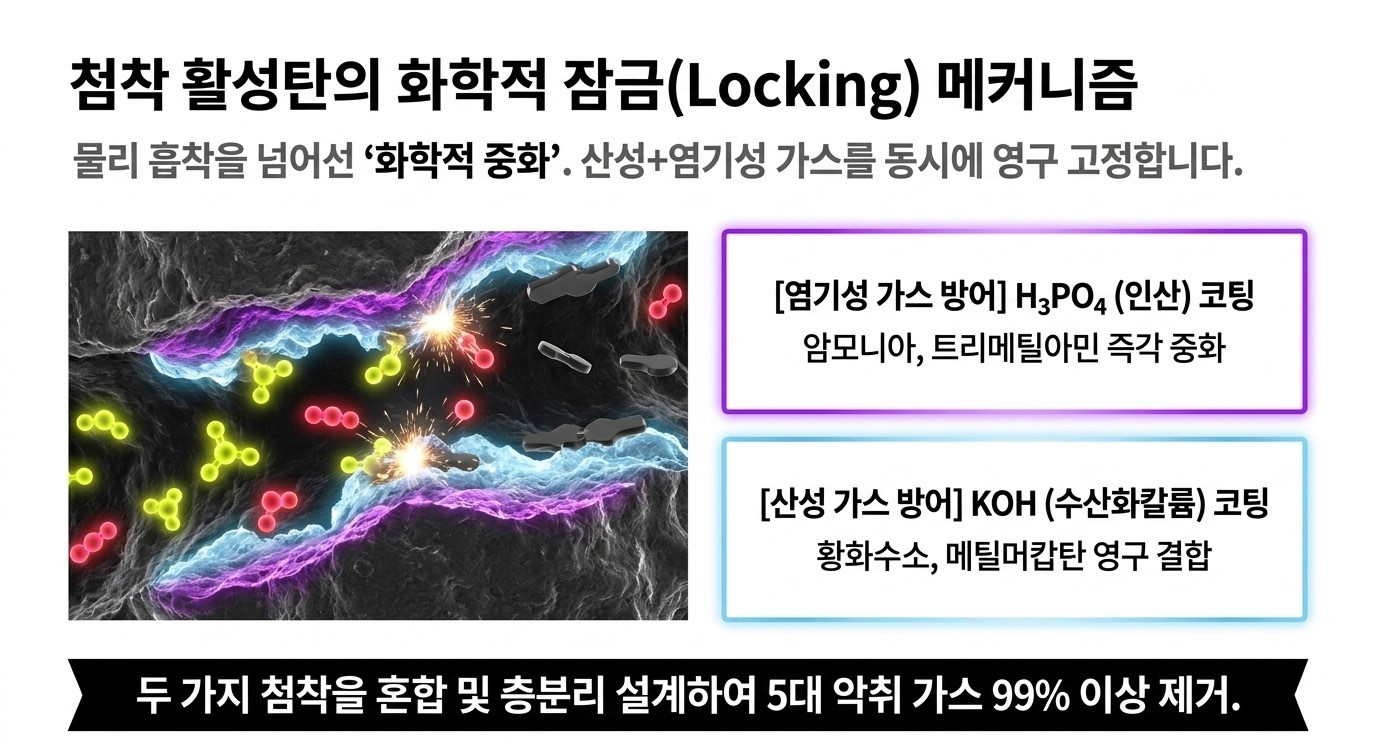 음식물 처리기용 첨착 활성탄 화학적 잠금(Locking) 메커니즘 - H₃PO₄ 코팅이 암모니아·트리메틸아민을 즉각 중화하고 KOH 코팅이 황화수소·머캅탄을 영구 결합해 5대 악취 99% 제거