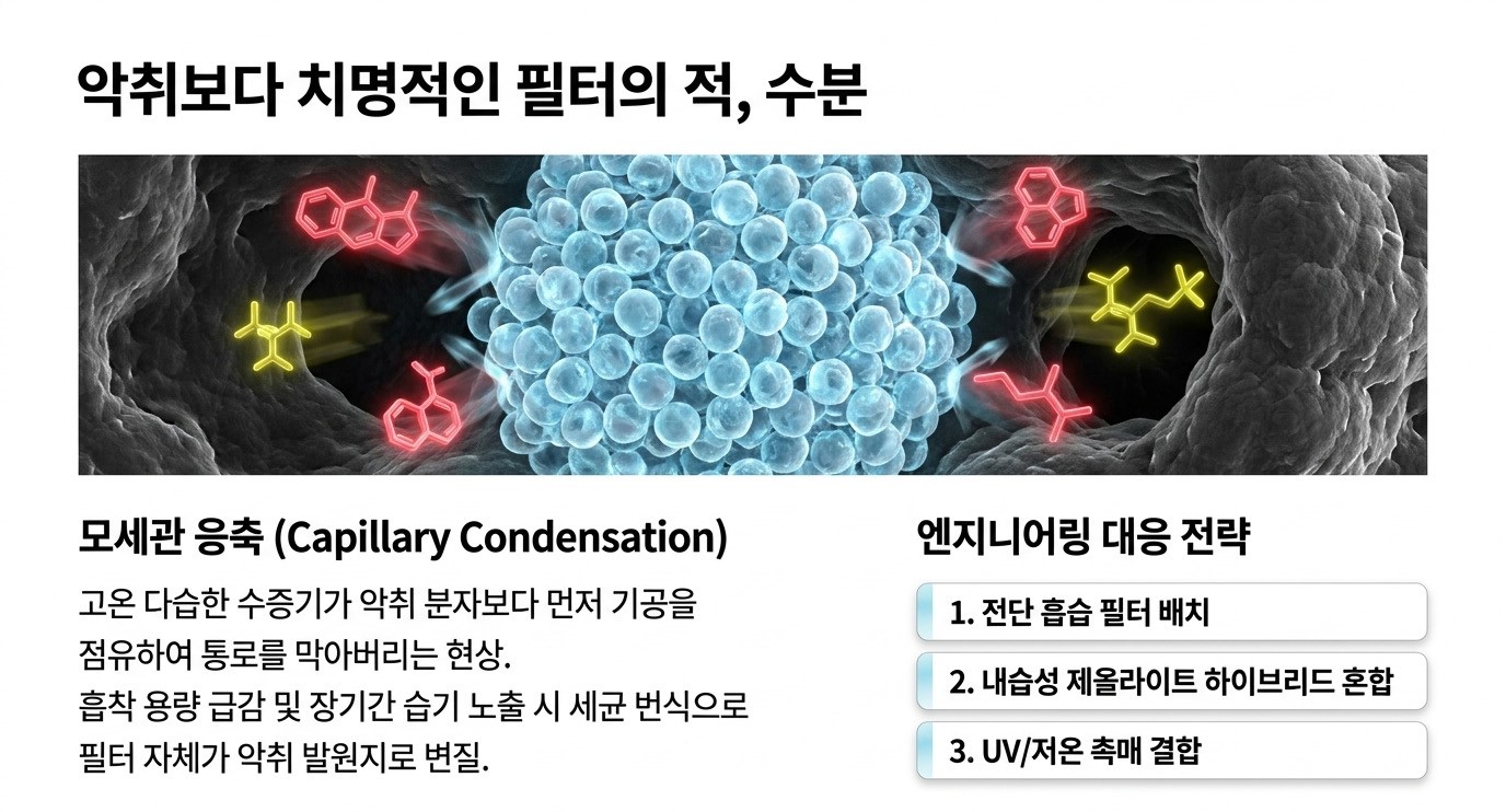 음식물 처리기 고온 다습 환경에서 수분이 악취 분자보다 먼저 기공을 점유하는 모세관 응축(Capillary Condensation)으로 흡착 용량이 급감하고 필터 자체가 세균 번식 악취 발원지로 변질되는 현상