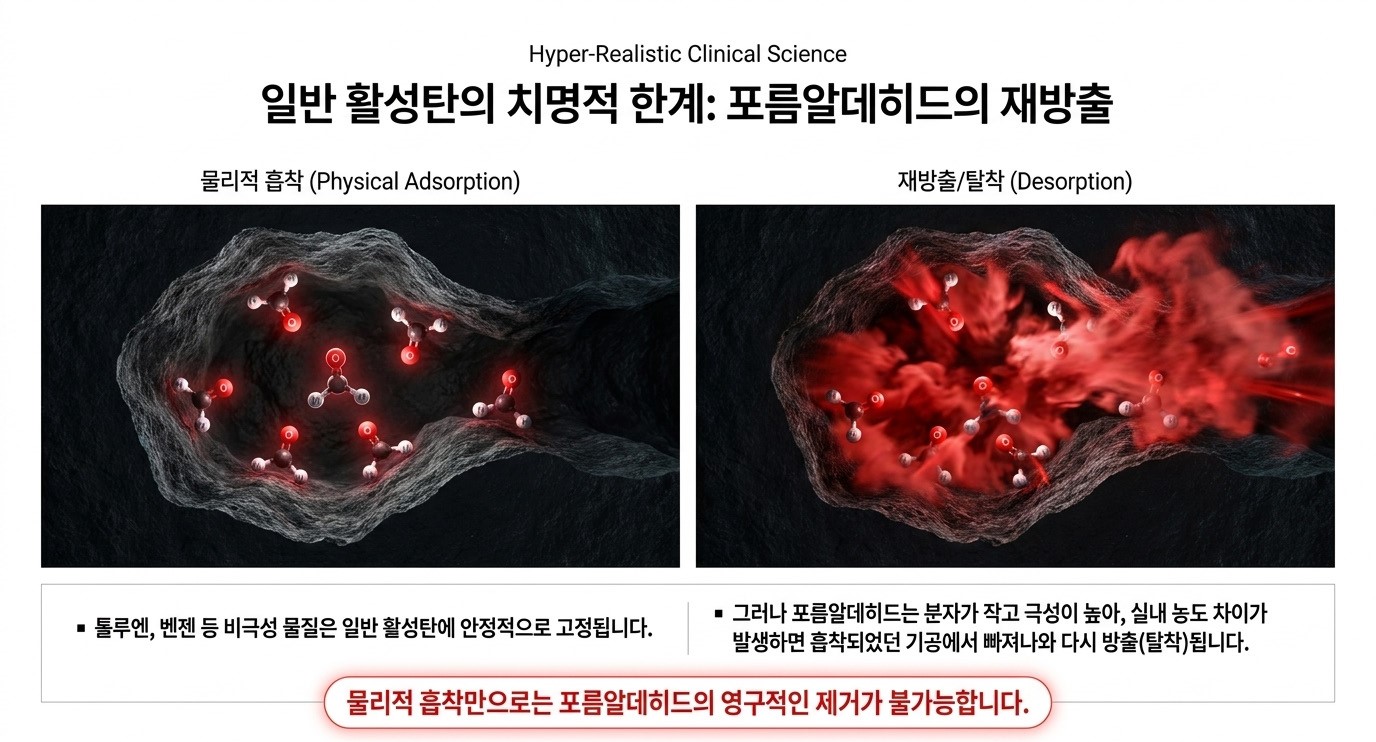 일반 활성탄의 포름알데히드 물리적 흡착(Physical Adsorption) 후 실내 농도 변화 시 탈착(Desorption)으로 재방출되는 한계 - 물리적 흡착만으로 포름알데히드 영구 제거가 불가능한 이유