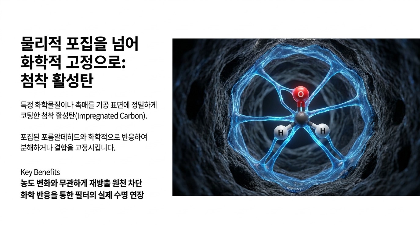 첨착 활성탄(Impregnated Carbon) 기공 표면 코팅이 포름알데히드와 화학 반응해 영구 고정하는 메커니즘 - 농도 변화에도 재방출 없이 필터 실제 수명을 연장하는 실내 공기질 정화 원리