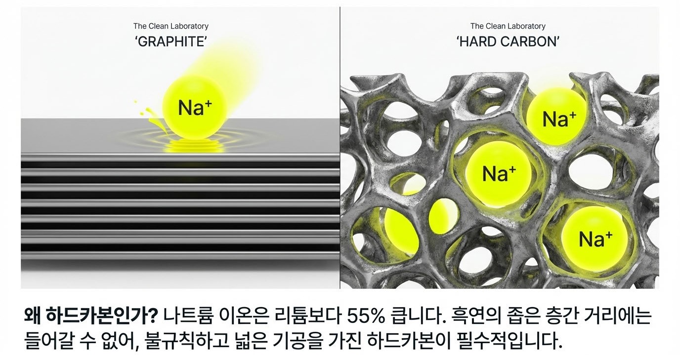 나트륨이온 배터리 음극재 흑연(Graphite) vs 하드카본(Hard Carbon) 구조 비교 - Na⁺ 이온이 좁은 층간 거리의 흑연에 삽입 불가한 반면 불규칙 기공 구조의 하드카본 내부에 안정적으로 저장되는 메커니즘