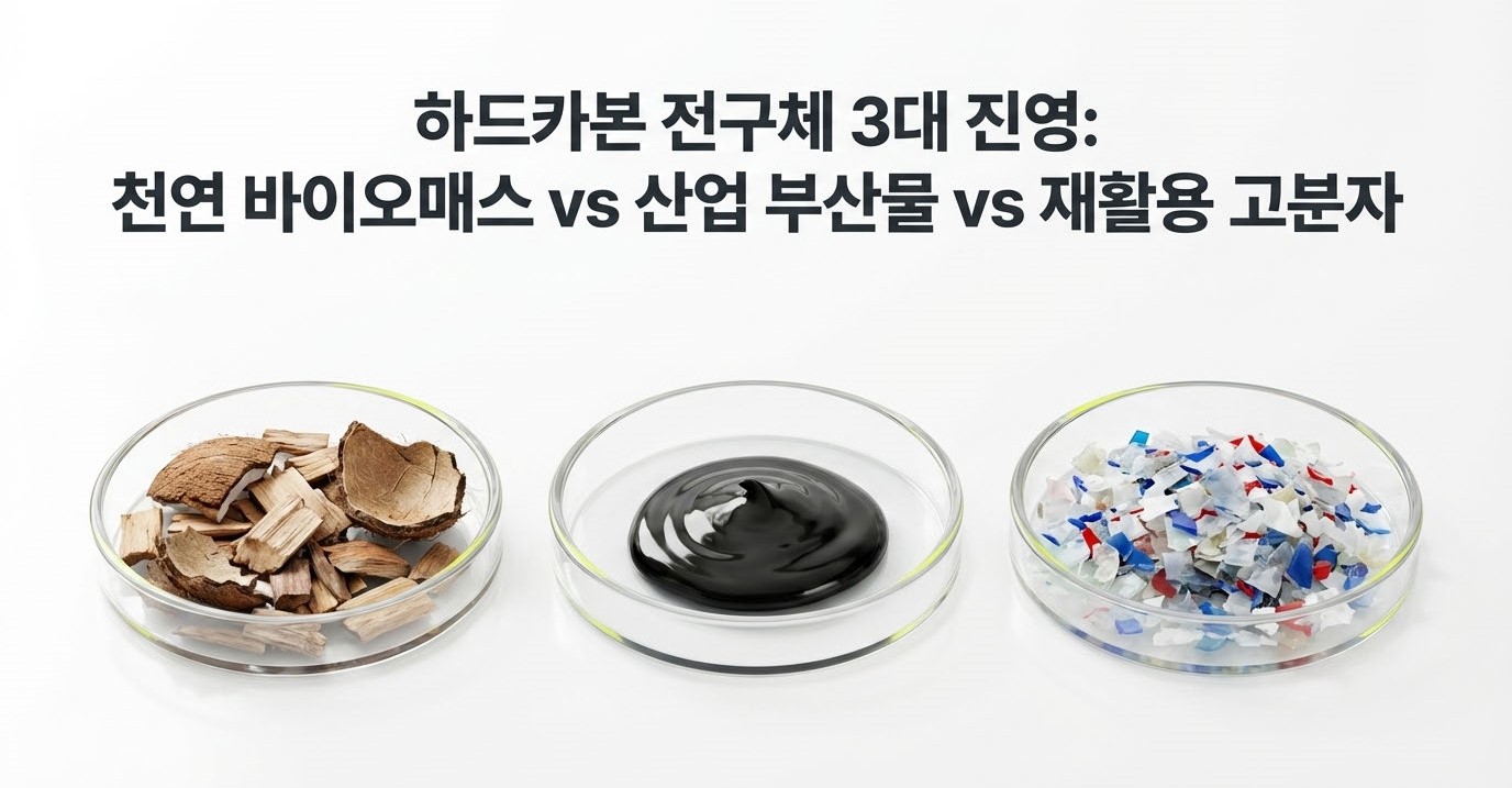 나트륨이온 배터리 하드카본 음극재 전구체 3대 원료 비교 - 천연 바이오매스(야자껍질·목재) vs 산업 부산물(피치) vs 재활용 고분자(폐플라스틱)의 원료별 특성과 하드카본 수율 차이