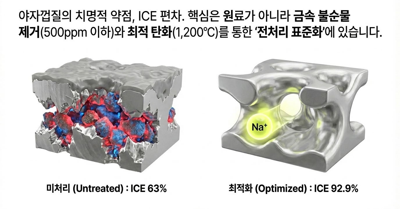 야자껍질 하드카본 음극재 초기 쿨롱 효율(ICE) 개선 비교 - 금속 불순물 500ppm 이하 제거·1,200℃ 최적 탄화로 미처리(ICE 63%) 대비 최적화(ICE 92.9%) 달성한 전처리 표준화 효과