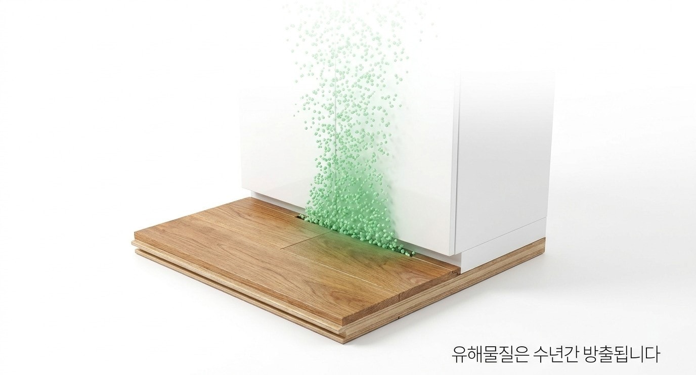 새 가구나 페인트에서 유해물질이 수년간 방출되는 이미지