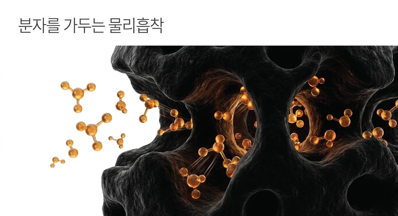 활성탄이 가스 분자를 가두는 모습