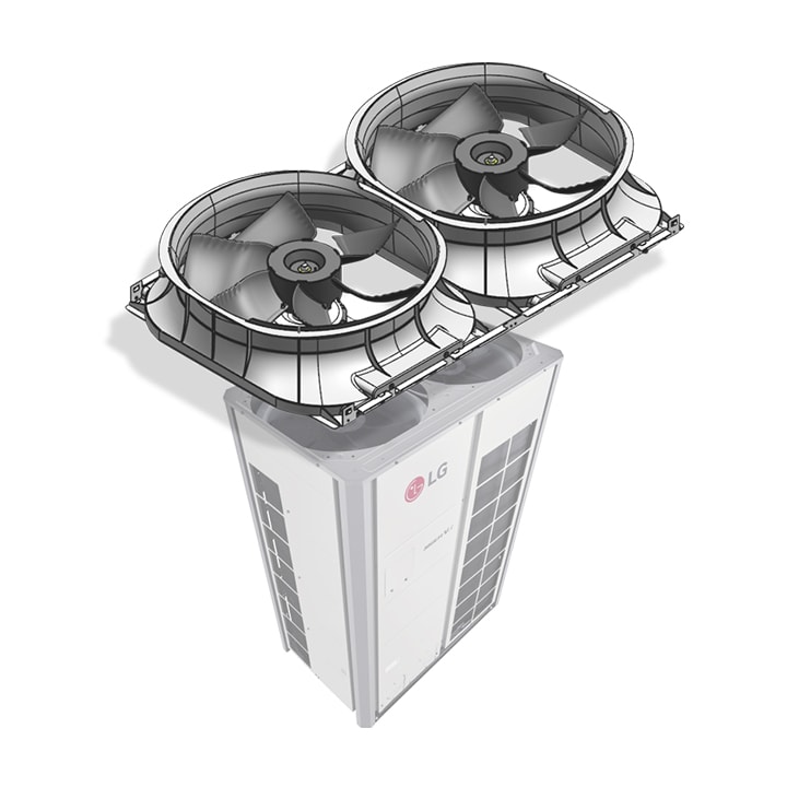 이미지에는 LG 로고가 있는 대형 공조기기가 보입니다. 기기의 상단에는 두 개의 대형 팬이 장착되어 있으며, 팬의 구조가 강조되어 있습니다. 기기의 외관은 직사각형 형태로, 여러 개의 패널과 그릴이 있습니다.