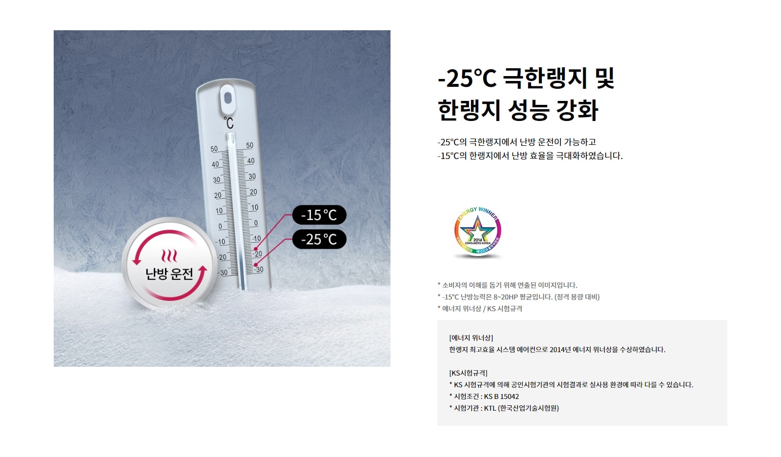-25℃ 극한랭지 및 한랭지 성능 강화. -25℃의 극한랭지에서 난방 운전이 가능하고 -15℃의 한랭지에서 난방 효율을 극대화하였습니다. 소비자의 이해를 돕기 위해 연출된 이미지입니다. -15℃ 난방능력은 8~20HP 평균입니다. (정격 용량 대비). 에너지 위너상: 한랭지 최고효율 시스템 에어컨으로 2014년 에너지 위너상을 수상하였습니다. KS시험규격: KS 시험규격에 의해 공인시험기관의 시험결과로 실사용 환경에 따라 다를 수 있습니다. 시험조건 : KS B 15042. 시험기관 : KTL (한국산업기술시험원).