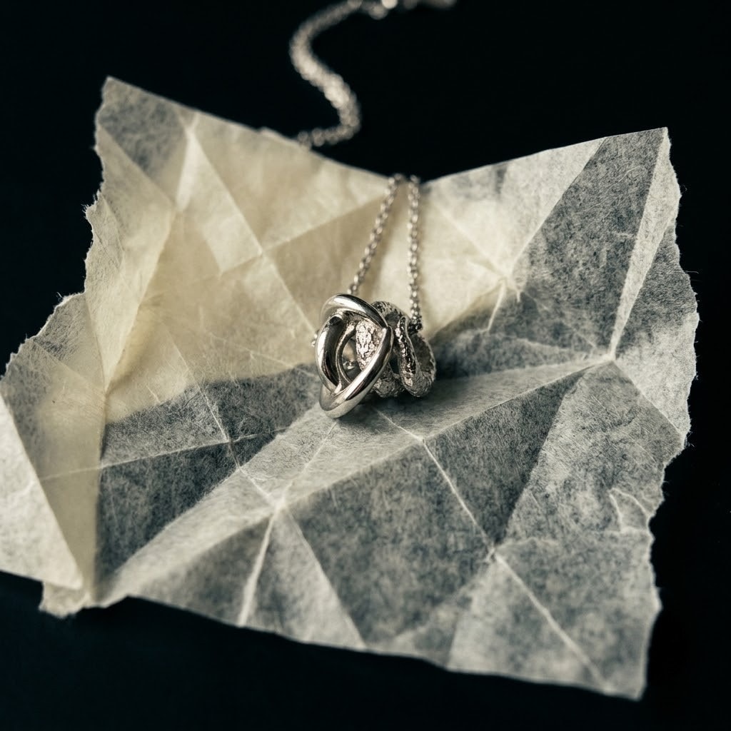 IN BETWEEN Necklace는 두 개의 입체적인 형태가 서로 맞물리는 구조를 표현한 실버925 젠더리스 펜던트 목걸이입니다.