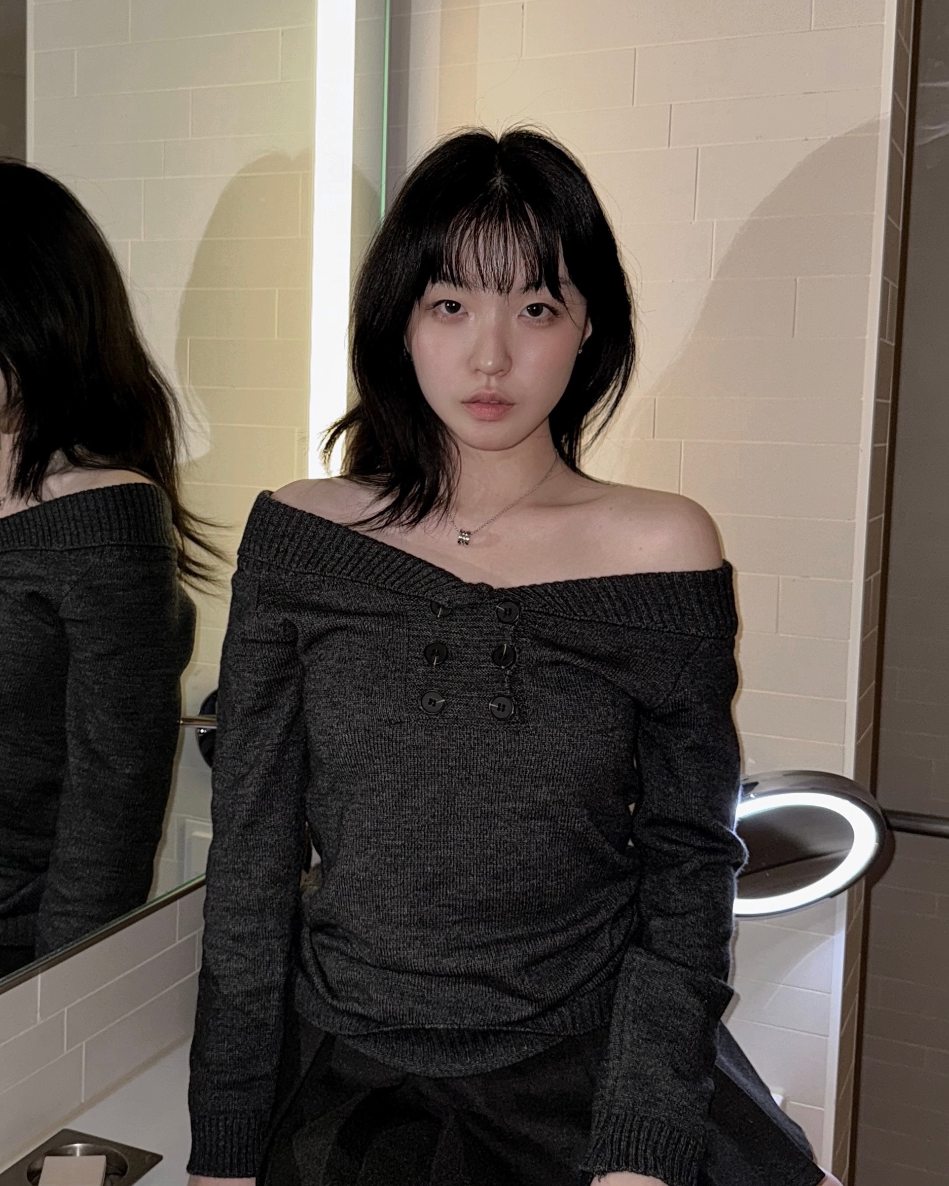 Button off-shoulder knit
