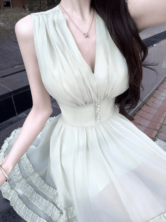 벨라 쉬폰 브이넥 프릴 플레어 미니 원피스