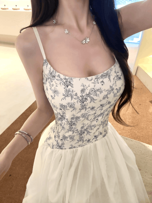 가든 플라워 패턴 배색 유넥 민소매 샤 플레어 롱원피스