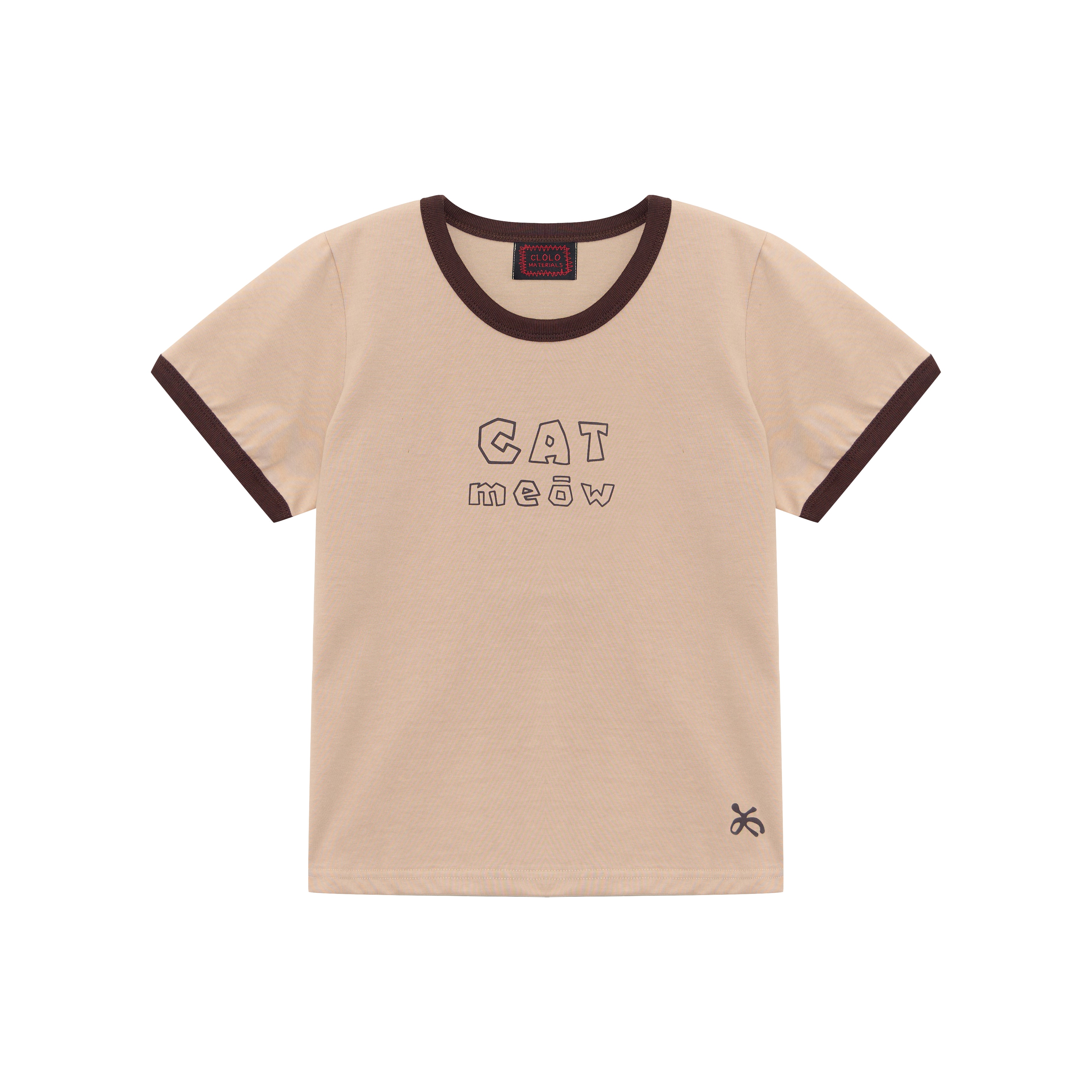 CHECK KITTY APPLIQUE RINGER TEE — BEIGE