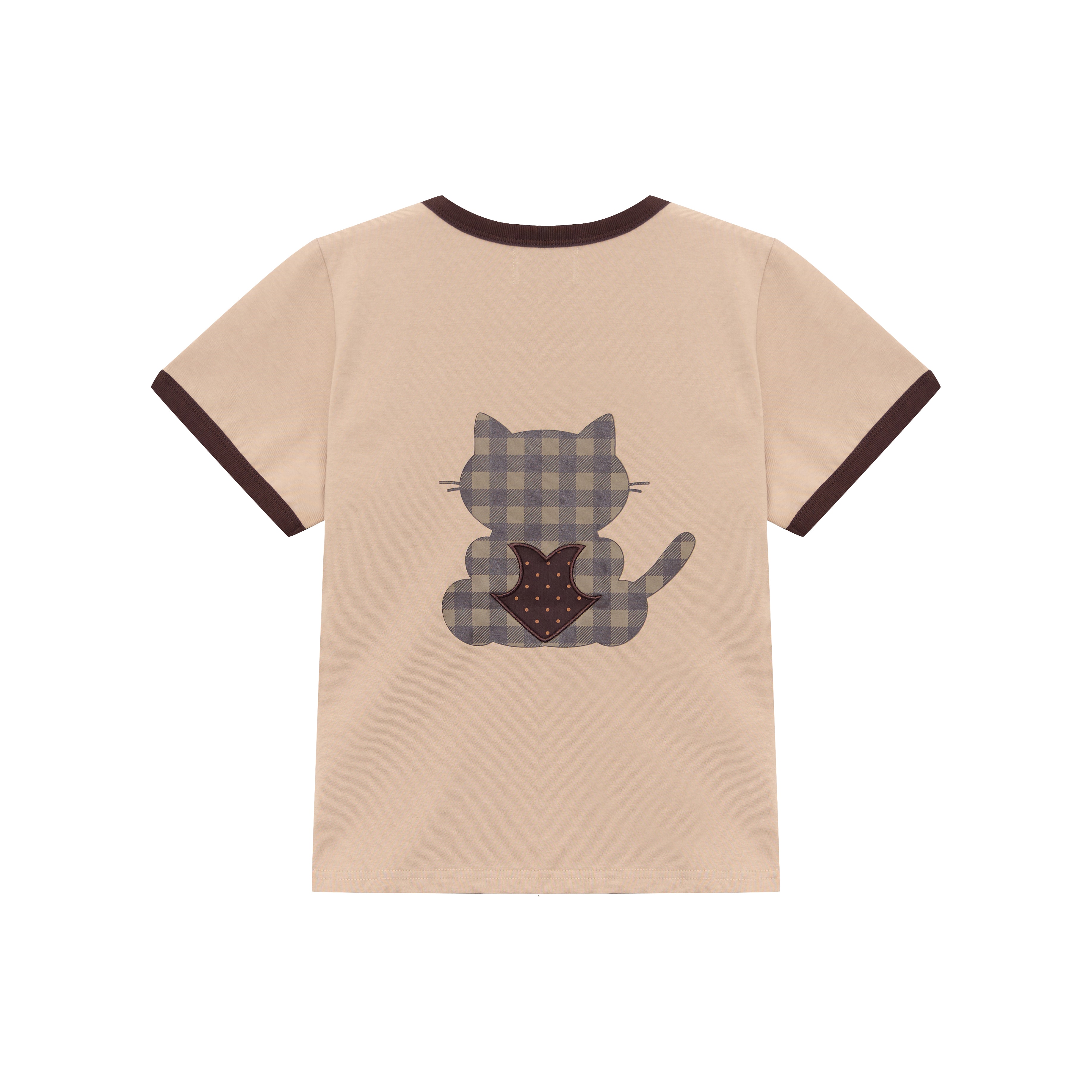 CHECK KITTY APPLIQUE RINGER TEE — BEIGE