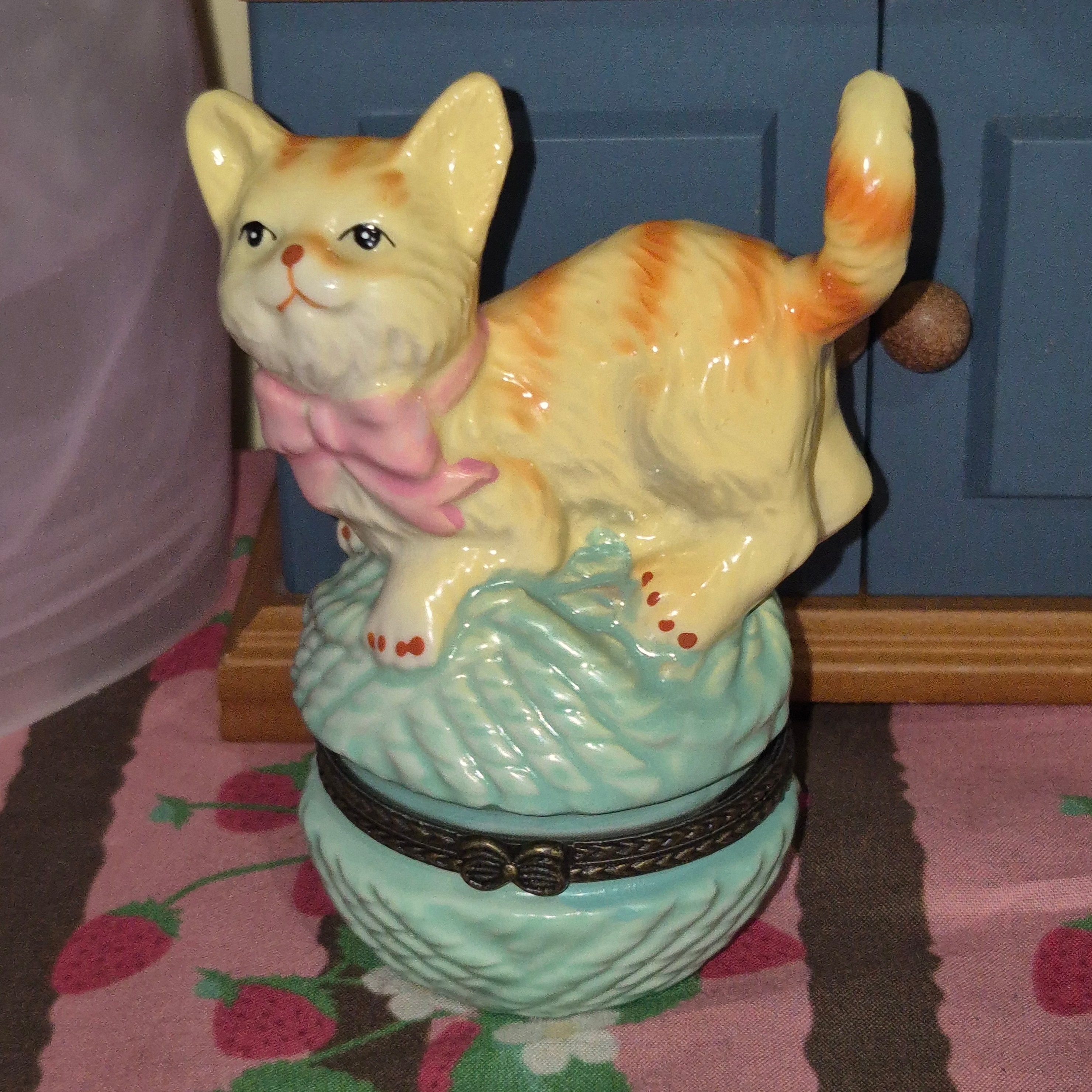 80s 미국 고양이 도자기 트링켓 박스