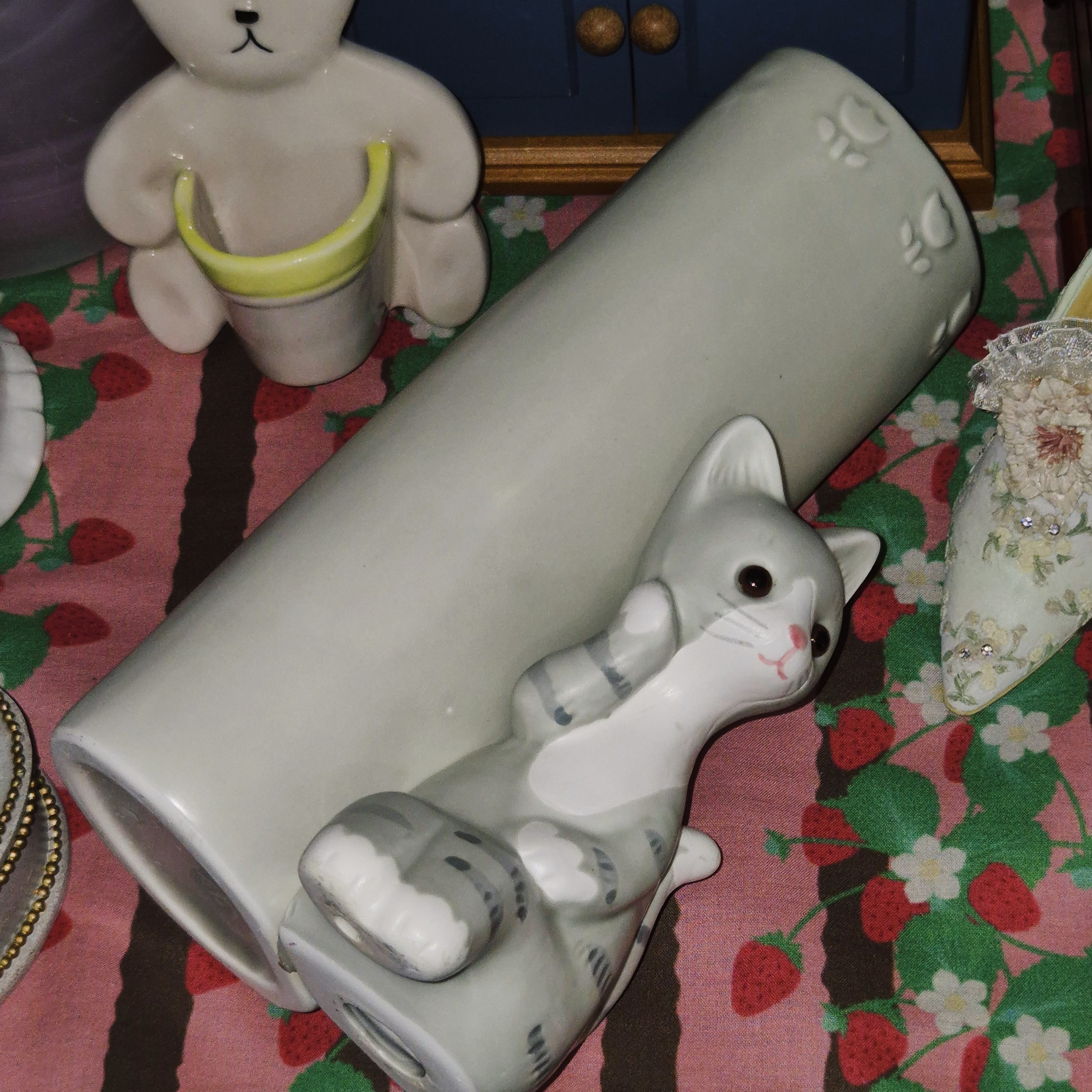 90s 일본 세토 핸드메이드 고양이 피겨린 기둥 꽃병