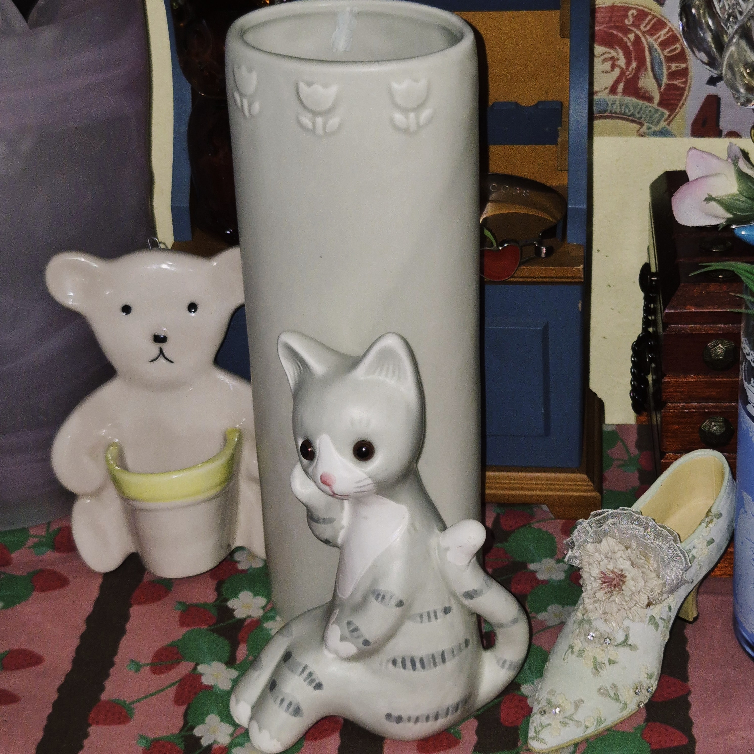 90s 일본 세토 핸드메이드 고양이 피겨린 기둥 꽃병
