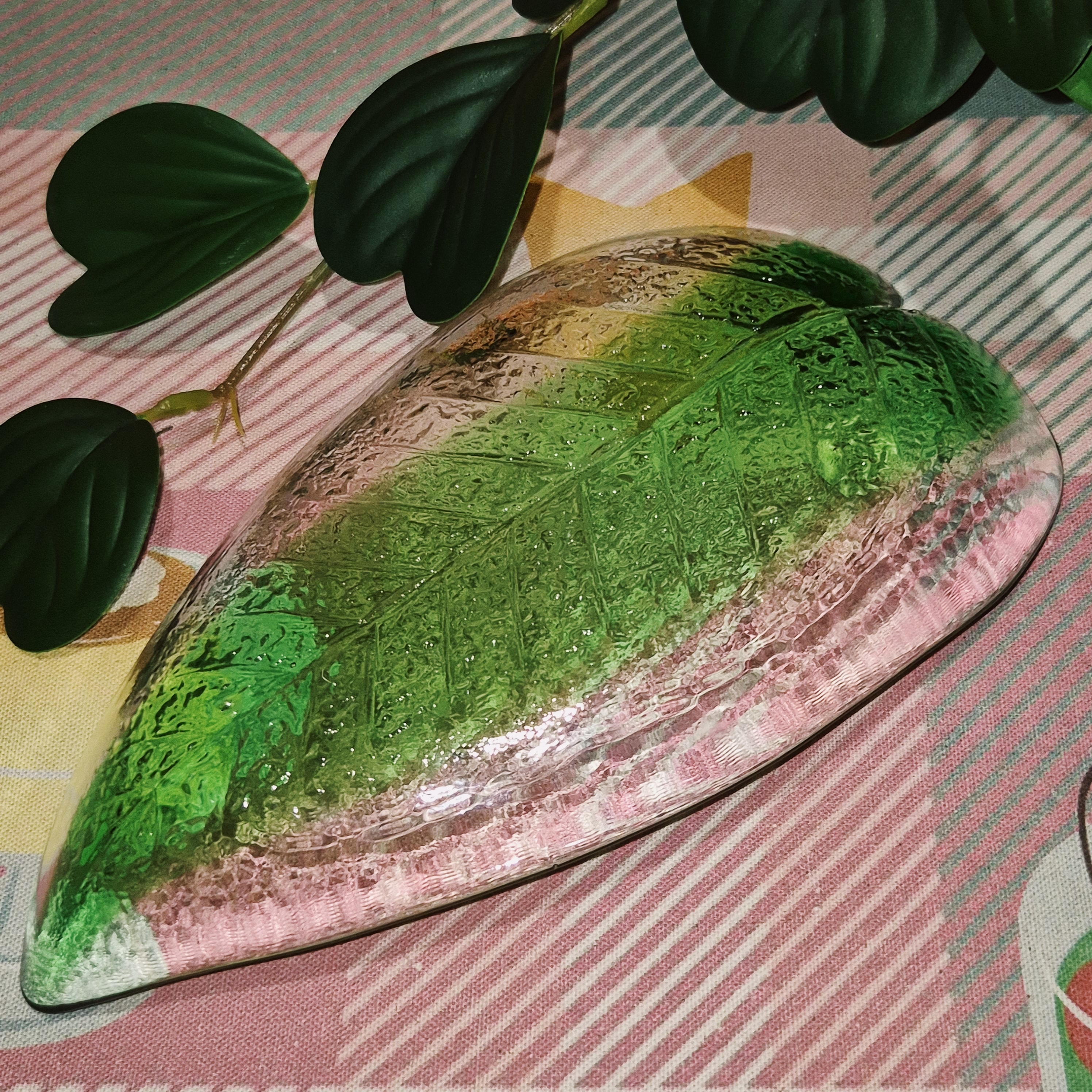 80s 호야 크리스탈 나뭇잎 투톤 트레이